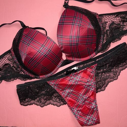 Victoria's Secret 36C,36DDD BRA SET M,L,XL thong strap RED BLACK PLAID CHRISTMAS