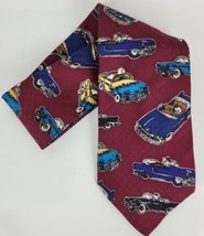 Vtg Peanuts Burgundy Silk Neck Tie Cool Wheels Joe Cool Cars Charlie Brown USA - £9.34 GBP