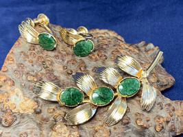 Vtg 1/20 12K Gold Filled Jewelry Set 7.13g Fashion Jewelry Green Marbled... - £31.57 GBP