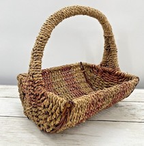 Vintage Natural &amp; Red Bamboo Wicker Rattan Decorative Storage Basket W/Handle  - £11.08 GBP