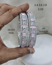 Indian Silver plated CZ Pink Kada Bangle Bracelet Size 2.10 2.8 2.6 Jewelry Set - £67.54 GBP