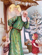 Santa Claus Green Robe Fantasy Postcard Cherubs Angels Christmas 216 Germany ASB - £23.53 GBP