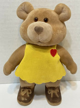 Vintage Rubber Flocked Bear Moveable Arms Legs Yellow Shirt Red Heart 6.5&quot; - £15.43 GBP