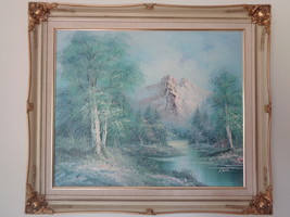 French Provincial Oil Painting on Canvas Signed Framed 29&quot; x 25&quot; Mountain Stream - £629.29 GBP