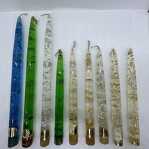 Lot 9 MCM Vintage Lucite Taper Candles 12” &amp; 8” Blue Green Gold Silver S... - $158.59