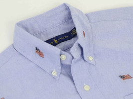 RALPH LAUREN Men&#39;s Embroidered Flag Short Sleeve Shirt, Blue, Large - £38.77 GBP