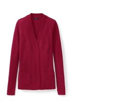 Lands End Women&#39;s Lofty Textured Open Cardigan Sweater Deep Scarlet New - $24.99