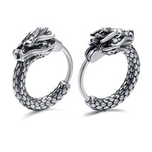 Retro Dragon Head Huggie, Vintage Stainless Steel Men Hoop Earrings, Cool Trandi - £10.46 GBP