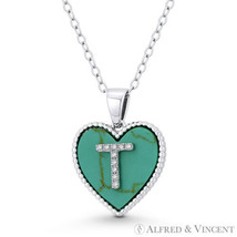 Initial Letter T CZ &amp; Turquoise Heart Charm 925 Sterling Silver Necklace Pendant - £19.12 GBP+