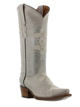 Womens Off White Wedding Leather Western Cowgirl Boots Studded Embroidered Snip - £144.66 GBP