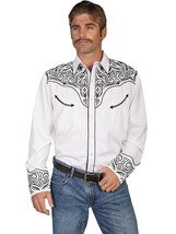Men&#39;s Western Shirt Long Sleeve Rockabilly Country Cowboy White Blk Embroidery - £69.84 GBP