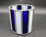 Vintage Leaded Stained Blue White Glass Votive Tea Light Candle Cylinder... - $14.84