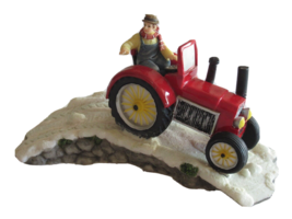 READ* O'Well Christmas Village Figurine Resin Farmer On Red Tractor Snow Covered - $22.00