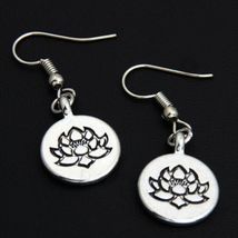 TINY LOTUS FLOWER EARRINGS 1.25" Drop Dangle Round Stainless Steel Ear W... - $2.95