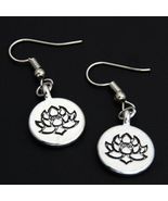 TINY LOTUS FLOWER EARRINGS 1.25" Drop Dangle Round Stainless Steel Ear Wires NEW - $2.95