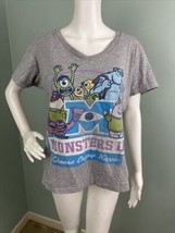 Women&#39;s Disney Store Pixar Monsters U Gray Graphic V-Neck Tee T-Shirt Sz Large - £10.11 GBP