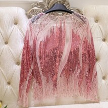 Runway Style Women Luxurious Beading Sequins  Pink Embroidery Sheer Long Sleeve  - £95.98 GBP