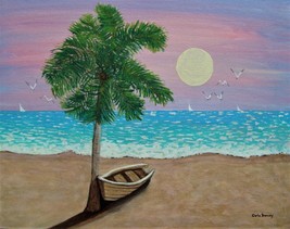 Original Sunset  Palm Tree Boat Ocean Beach Bird Seascape Painting Impressionism - £17.40 GBP