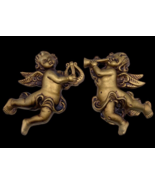 Vintage Angel Cherub Wall Hanging Plaque Pair Set 2 Gold Chalkware Regen... - $37.04