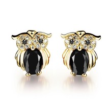 14K Yellow Gold Plated Owl Stud Earrings Oval Shape Black &amp; White Simulated 12mm - £56.01 GBP