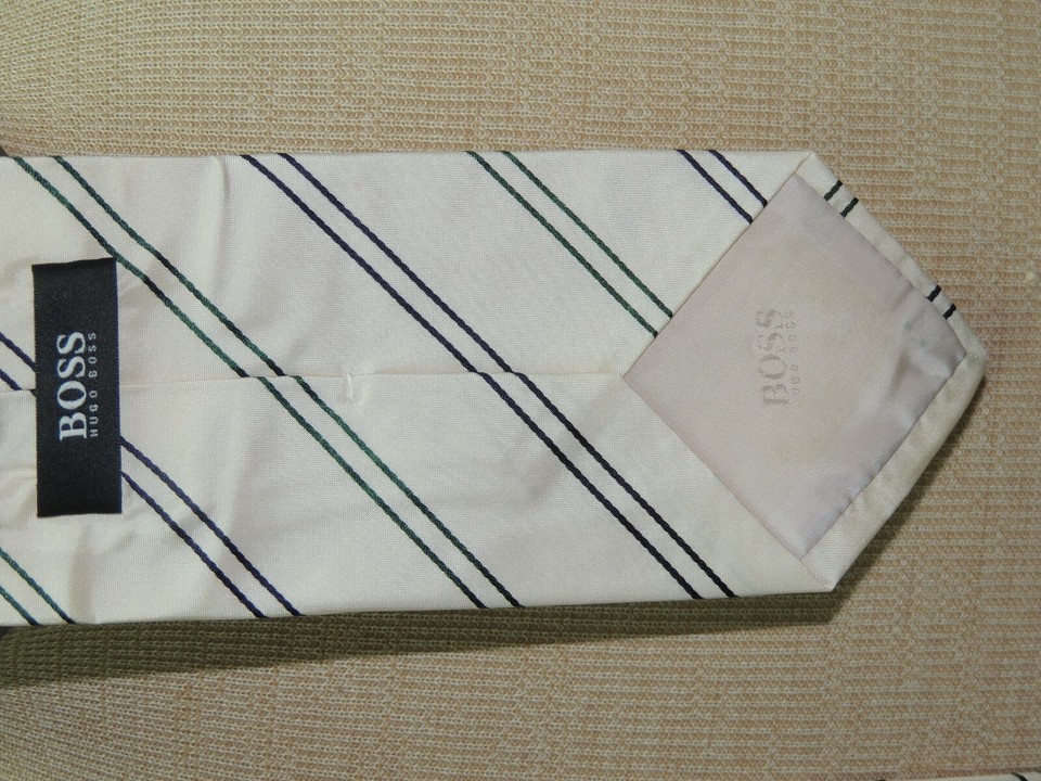 Hugo Boss Italy Neck Tie/Necktie Silk White Black Green Stripe 58"x3.5" Item image 5