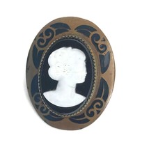 Antique Victorian Mourning Cameo Classical Woman Brass Frame Black Jet Stone  - £25.93 GBP