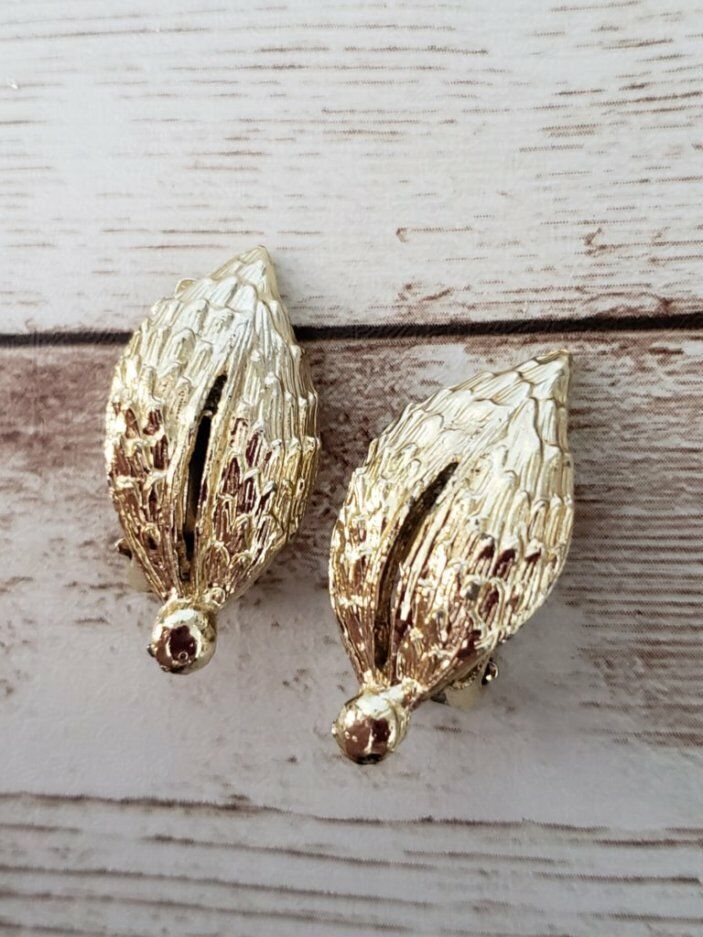 Primary image for Vintage Clip On Earrings - Gold Tone Large Statement Leaf