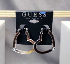 Guess &quot;Hearts in Bloom&quot; Silver-tone Rhinestone Heart Shaped Hoop Earrings 1.5&quot; - £15.82 GBP