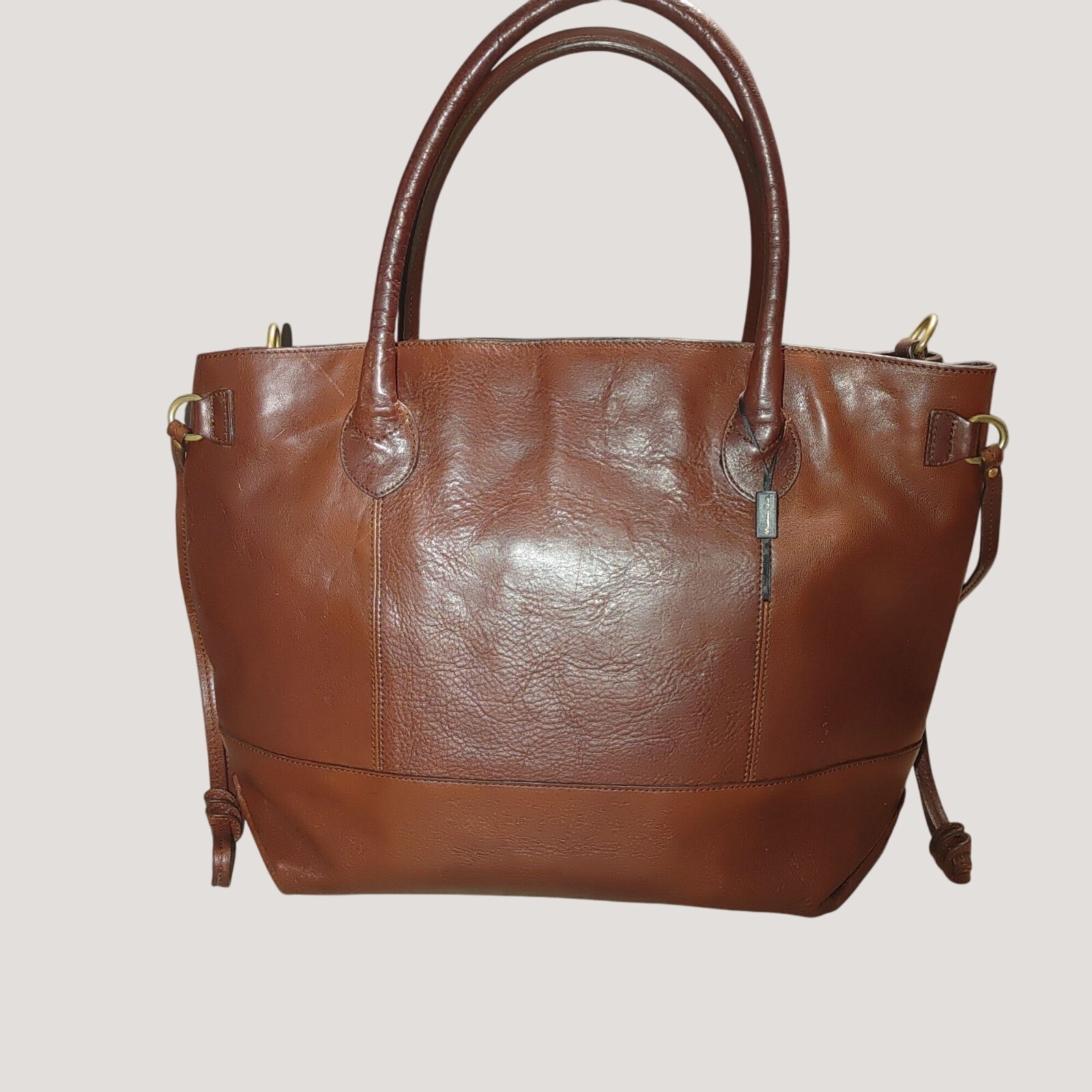 Massimo Dutti Vintage 2 Way Brown Leather Tote Bag Dual Handles Brass Ro... - $120.00