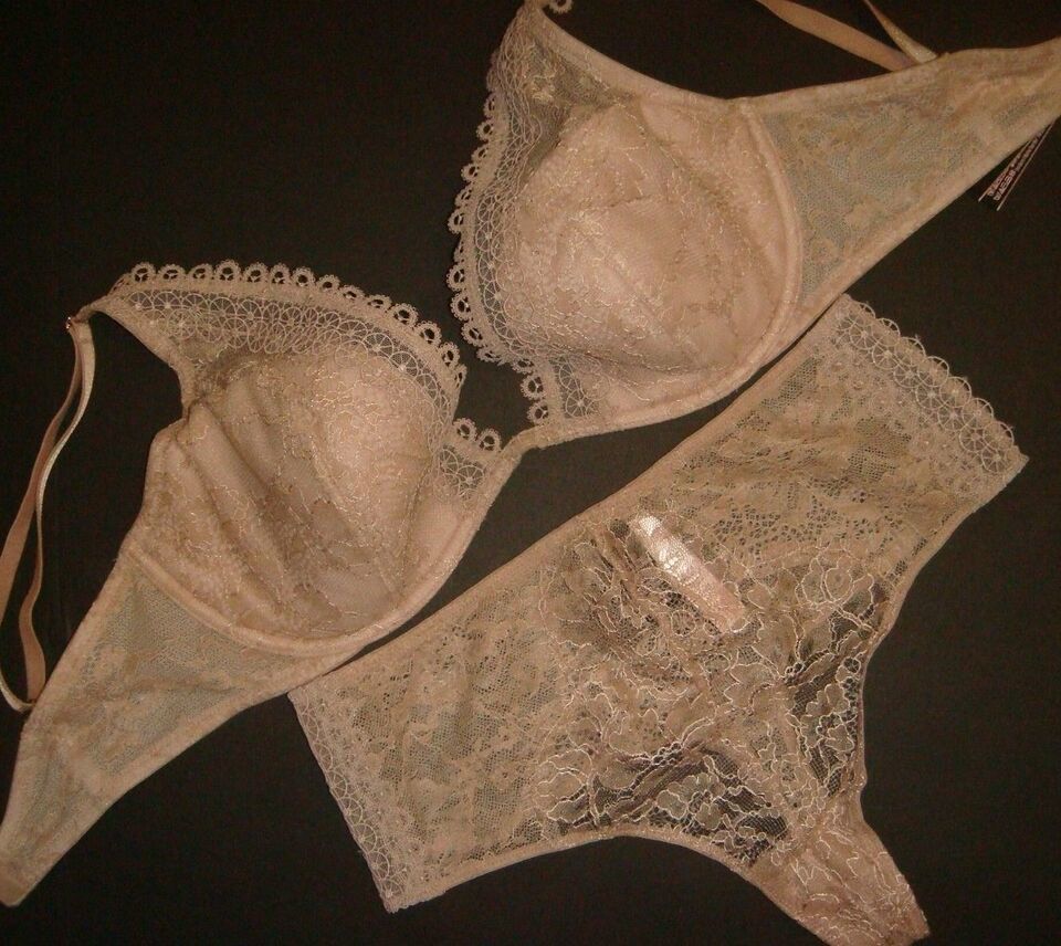 Victoria&#39;s Secret 34DD BRA SET S high-waist thong Nude beige lace EMBROI... - $49.49