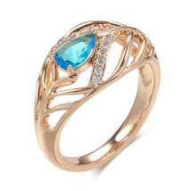 New Blue Natural Zircon Ring for Women 585 Rose Gold Vintage Ethnic Bride Leaf R - £7.24 GBP