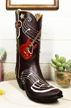 Faux Tooled Leather Cowboy Boot With Musical Notes And Guitar Vase Figurine - £25.15 GBP