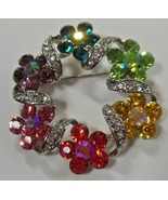 Silver-tone multi-color crystal flower wreath brooch 1.3/4&quot; Diameter - £14.78 GBP