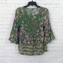 Vintage America Top Womens XS Green Floral Vlouse 3/4 Sleeve V Neck Boho Peasant - £14.10 GBP