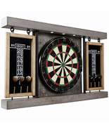 40&quot; Dartboard Cabinet &amp; Dart Board Set LED Lights 6 Steel Tip Darts and ... - $244.22