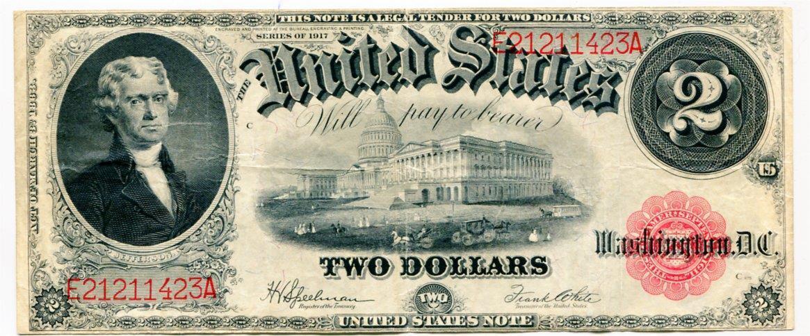 1917 USA $2.00 Two Dollar Legal Tender Note Thomas Jefferson E21211423A - $249.99
