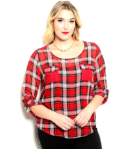 E M TOO Ladies Sheer Red Plaid Tunic Top Lace Yoke Scoop Neck Size 2XL - £19.58 GBP