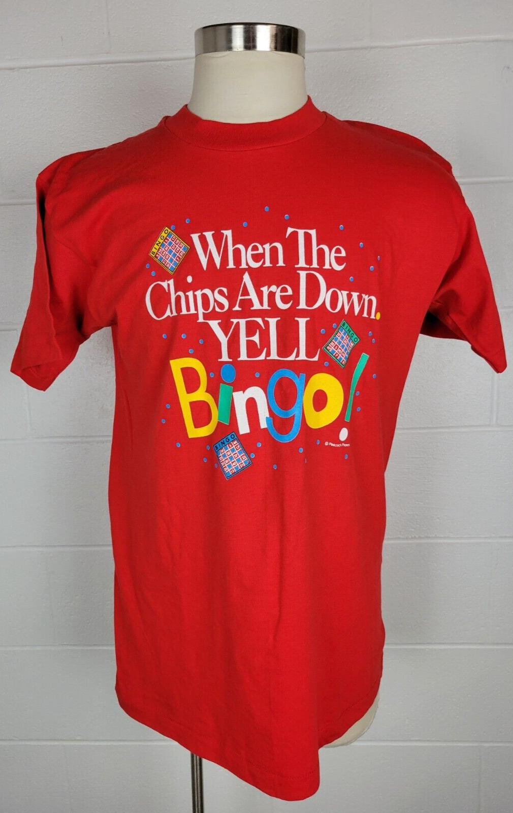 Vintage Bingo T-Shirt Red Fruit of the Loom Single Stitch Peacock Papers USA L - £19.75 GBP