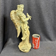 ANGEL holding a bird 14.5 Inches tall, antiqued white, Roses At Base, Resin 3lbs - £14.24 GBP