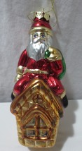 Vtg Santa on a Rooftop house Green bag Mercury Glass Ornament - £11.99 GBP