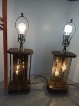 VTG MCM Pair Wood/Brass DON WARD Etched Glass Oval Table Lamps 2-Candle No Shade - $260.52