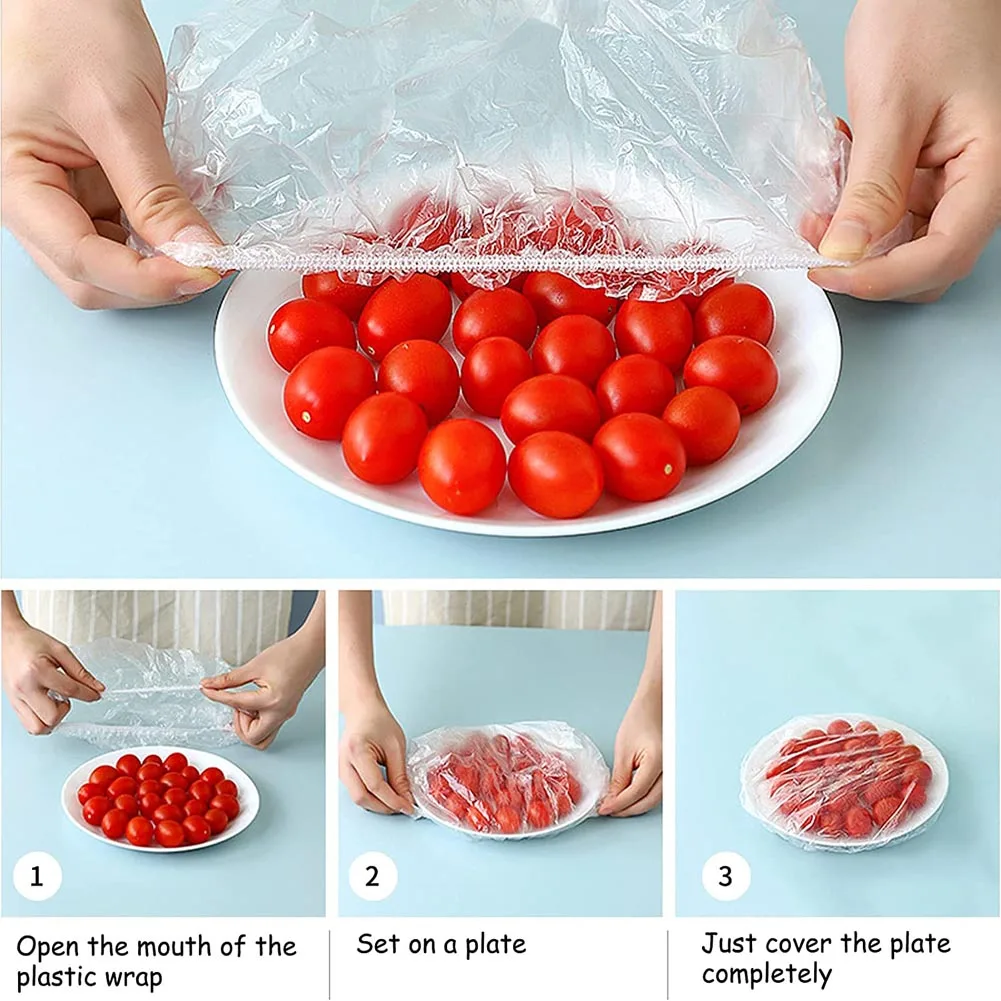 House Home 100pcs Disposable Food Cover Plastic Wrap Elastic Food Lids For Fruit - £19.98 GBP