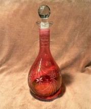 Vintage Etched Iridescent Cranberry Cut Glass Decanter w/ Lead Crystal Stopper - £39.56 GBP
