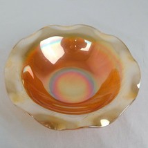Vintage Marigold Orange Carnival Glass Bowl Ruffled Lip 9.5&quot; Vine Flower Pattern - £22.82 GBP