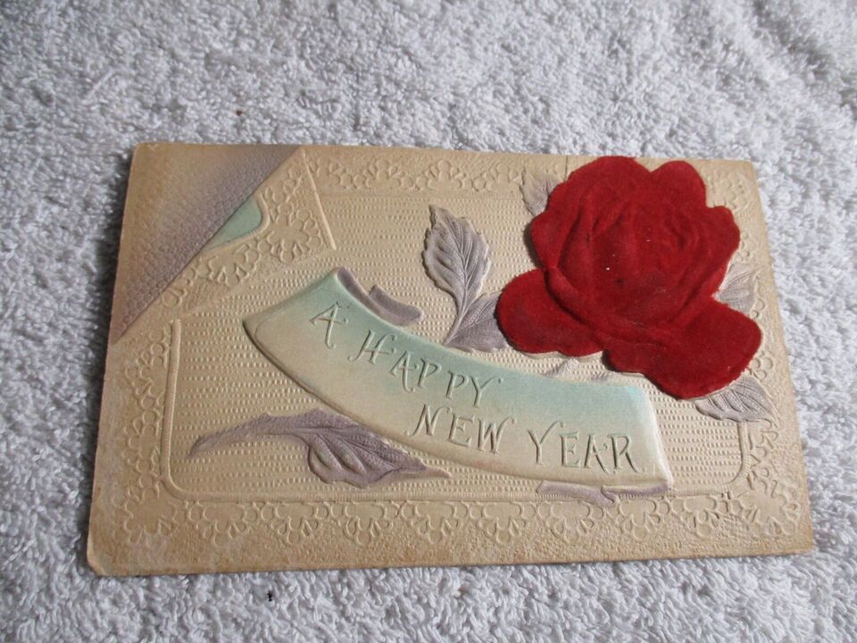 Embossed Red Rose Felt Early 1900s Happy New Year Postcard Posted - $24.74