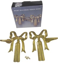 Brass Bow Curtain Hold backsTiebacks Hook Set vintage Gold Ribbon Draper... - $32.62