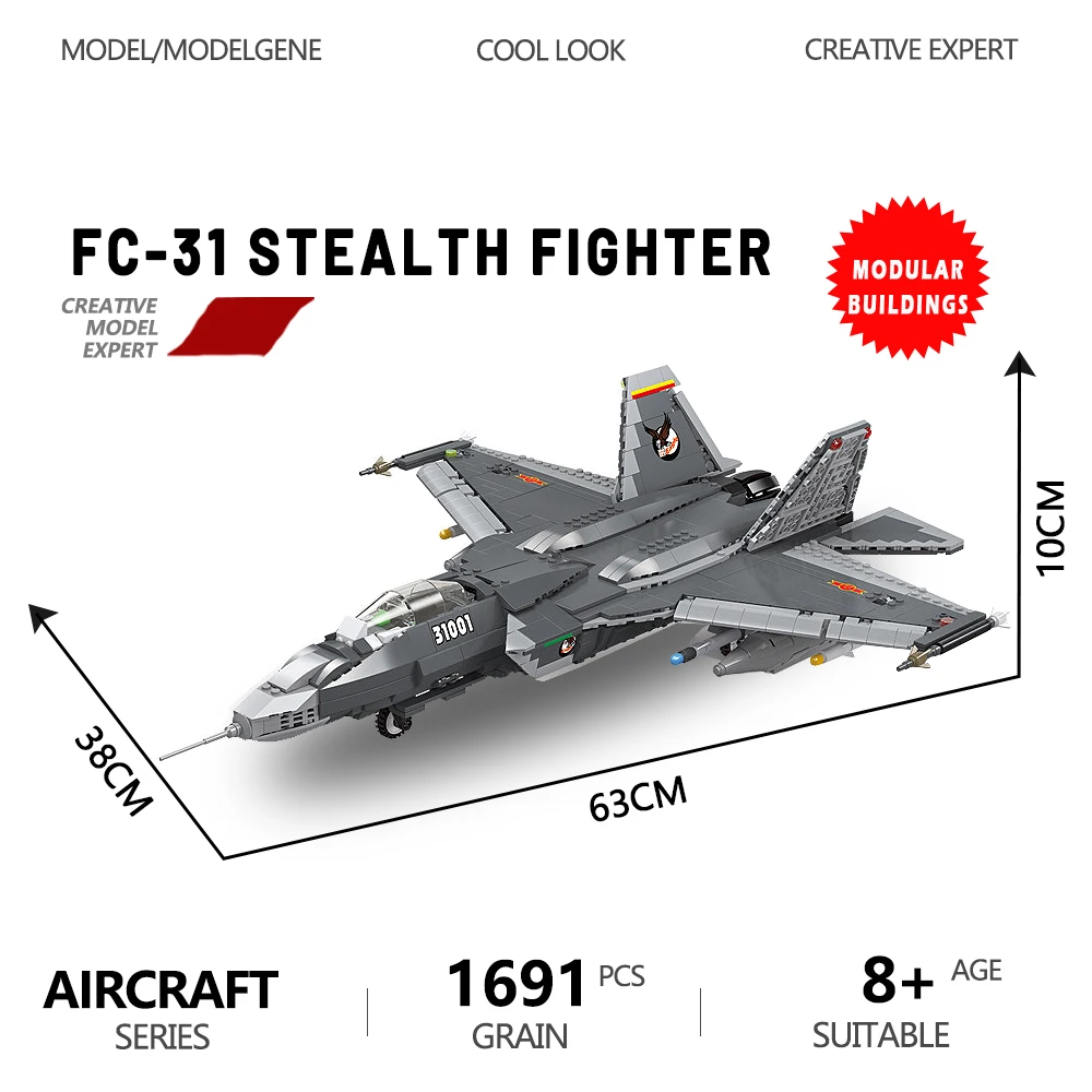 FC-31 Stealth Fighter Military Series Model Building Blocks MOC Army Aircraft - £79.97 GBP