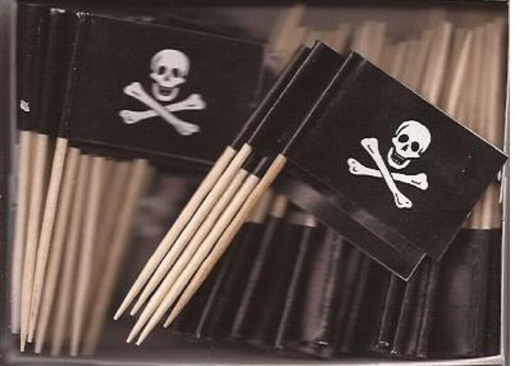 Box of 100 Jolly Roger Toothpick Flags, 100 Small Mini Pirate Flag Cupca... - $7.90