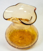 Vintage Amber Crackle Glass Vase 4.5&quot; Tall Hand Blown Ruffled Top - £3.99 GBP