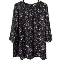 J. Jill Blouse Tunic Medium Black Floral Polyester 3/4 Sleeves Keyhole Pleated - £10.78 GBP